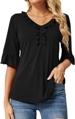 Ivicoer Women's Casual V Neck T Shirts Loose Summer Fall 3/4 Bell Sleeve Tops Ruffle Tunic Blouses