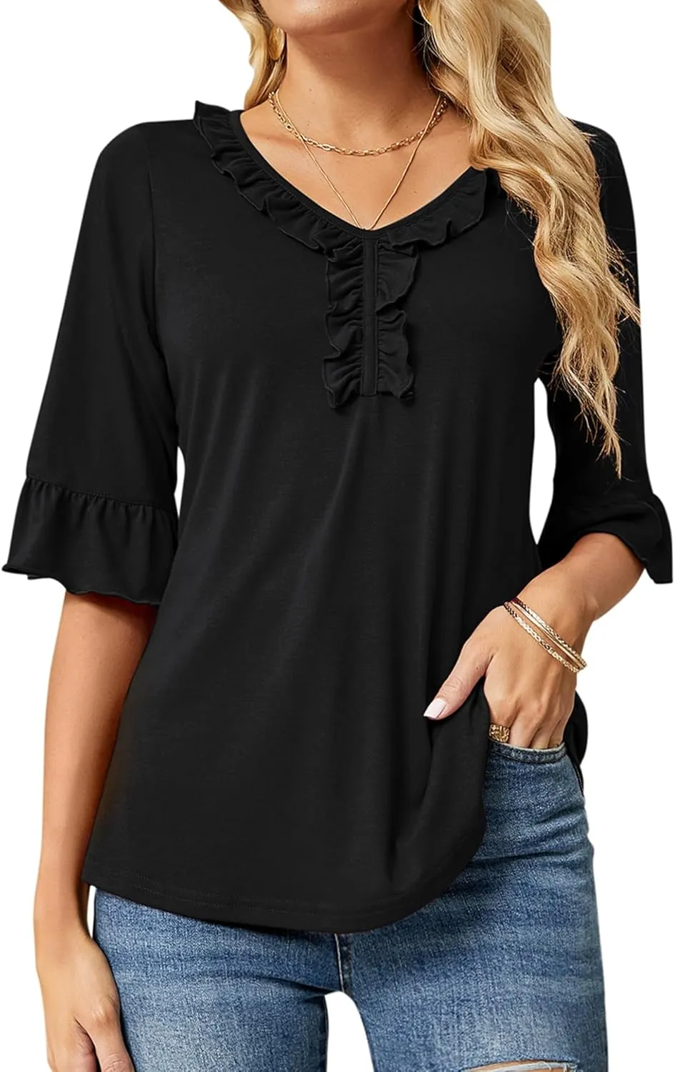 Ivicoer Women's Casual V Neck T Shirts Loose Summer Fall 3/4 Bell Sleeve Tops Ruffle Tunic Blouses
