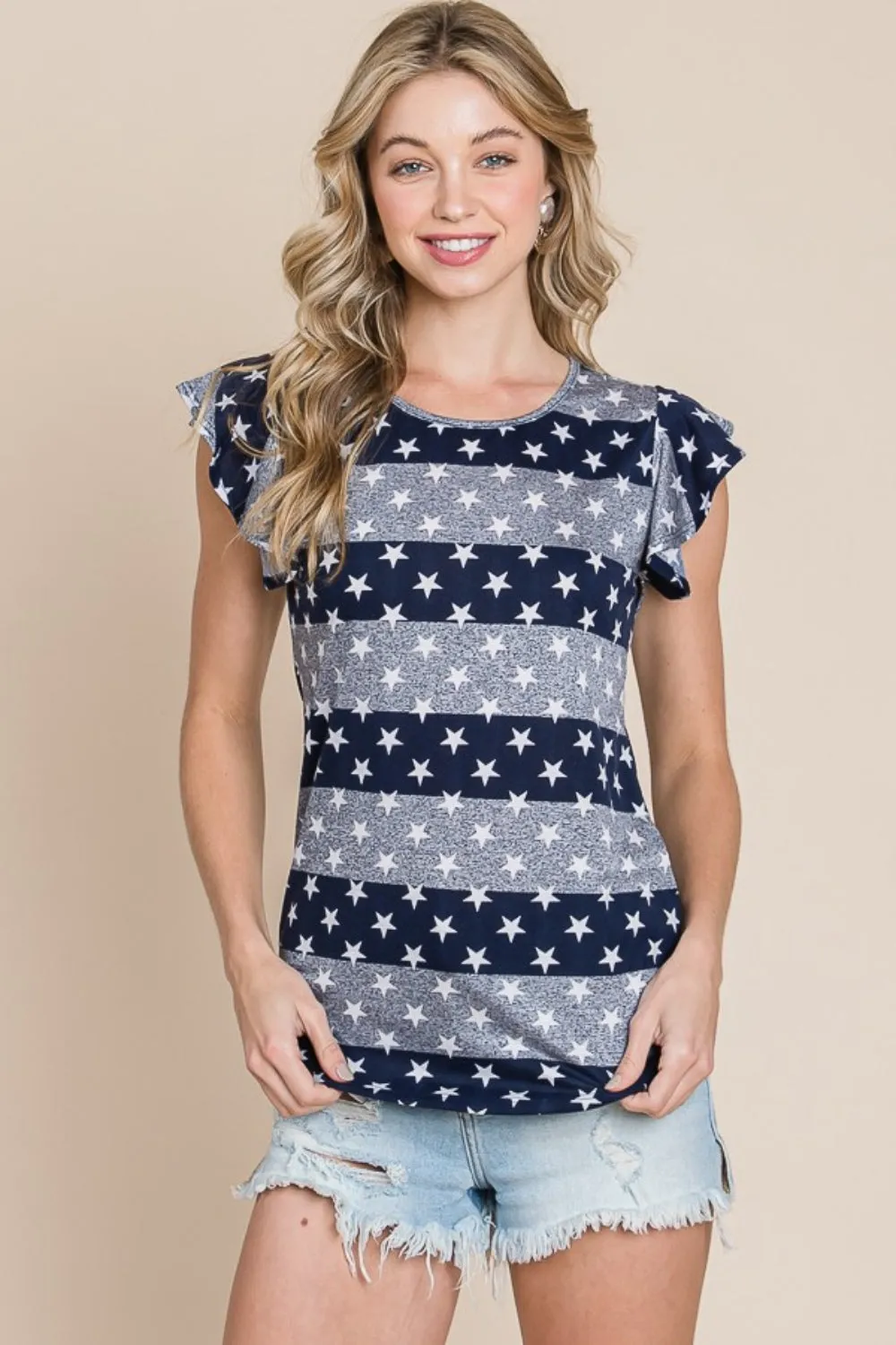 Ivyshape | Bombom Striped Round Neck Cap Sleeve T-Shirt
