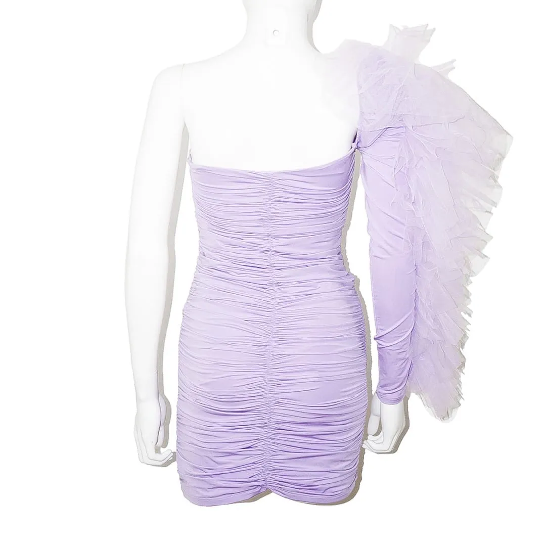 KIKIRIKI Purple Ruffle One Sleeve Ruched Dress