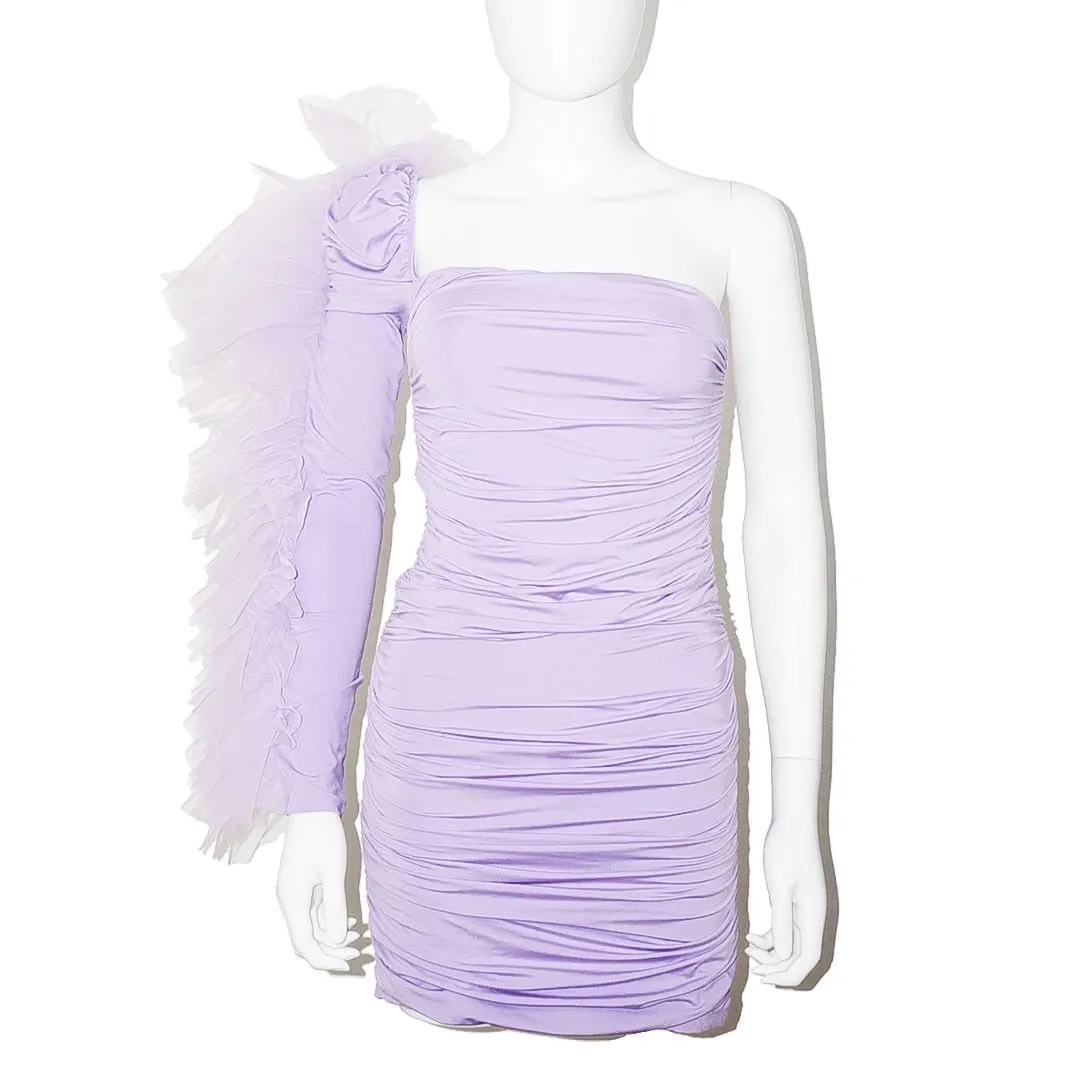 KIKIRIKI Purple Ruffle One Sleeve Ruched Dress