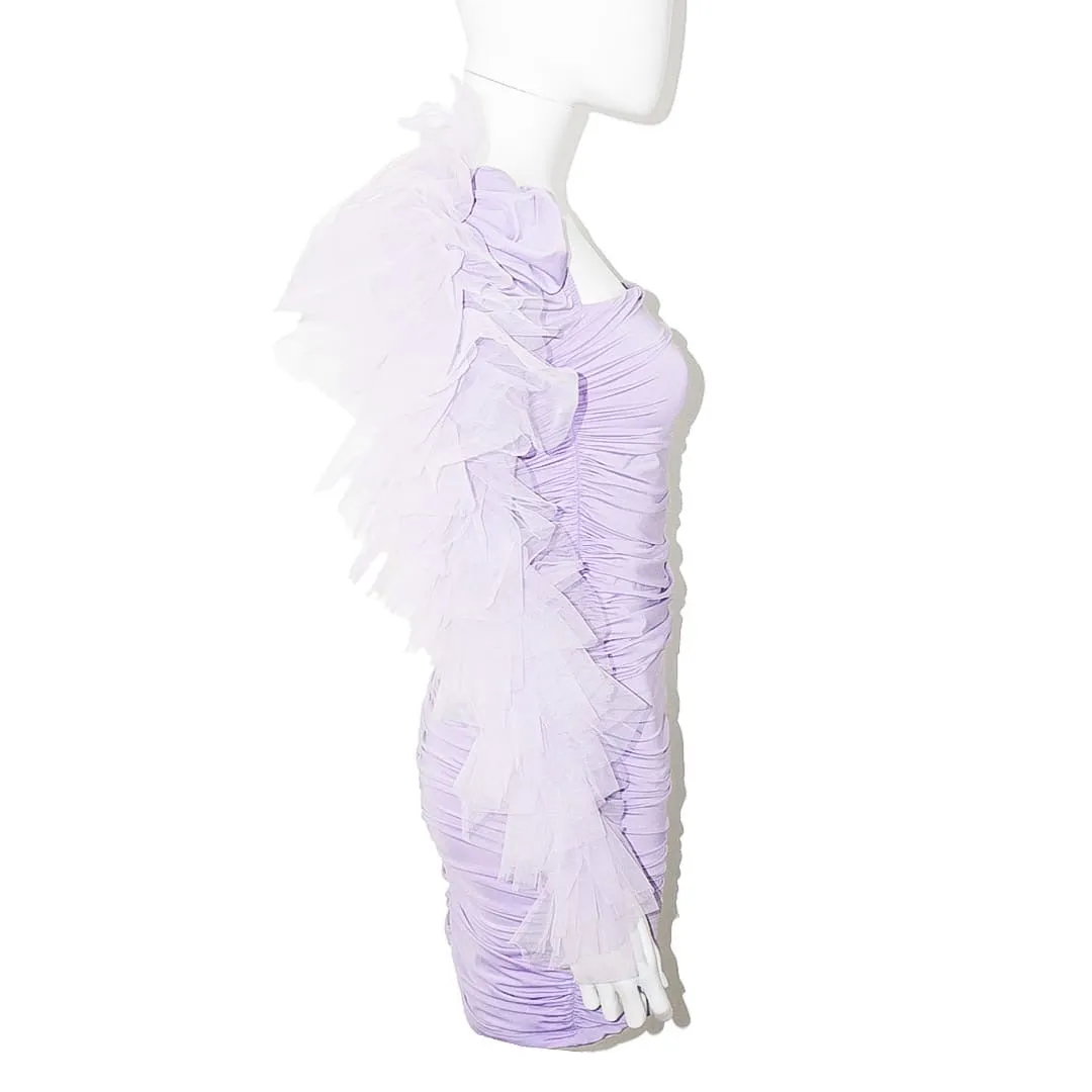 KIKIRIKI Purple Ruffle One Sleeve Ruched Dress