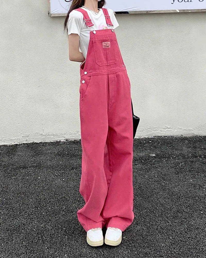Loose Casual Pink Denim Jumpsuits