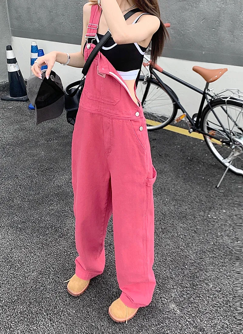 Loose Casual Pink Denim Jumpsuits