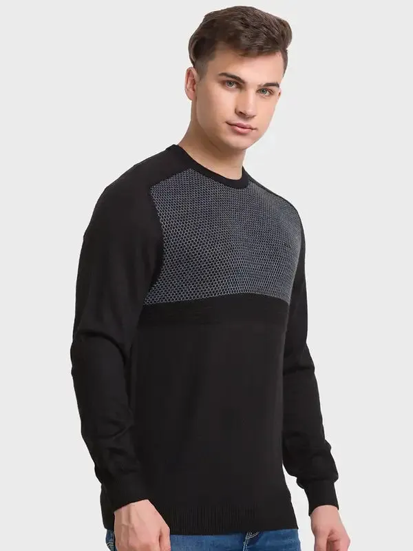 Men Black Tailored Fit Jacquard Acrylic Merino Blend Full Sleeve V Neck Collar Sweaters