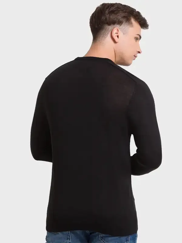 Men Black Tailored Fit Jacquard Acrylic Merino Blend Full Sleeve V Neck Collar Sweaters