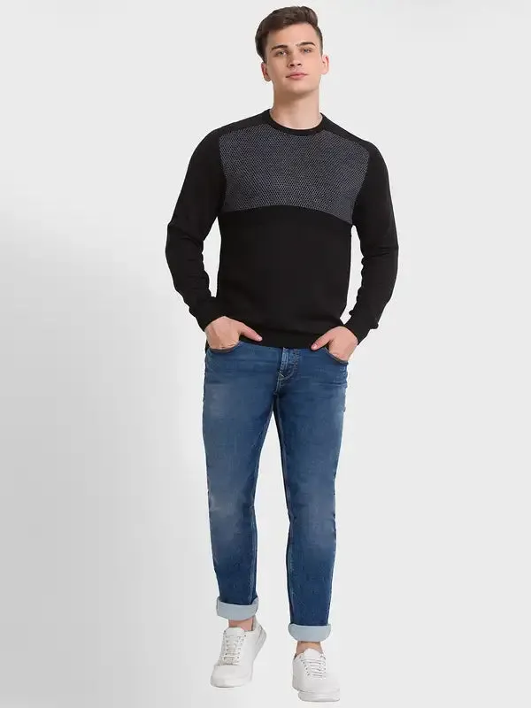 Men Black Tailored Fit Jacquard Acrylic Merino Blend Full Sleeve V Neck Collar Sweaters