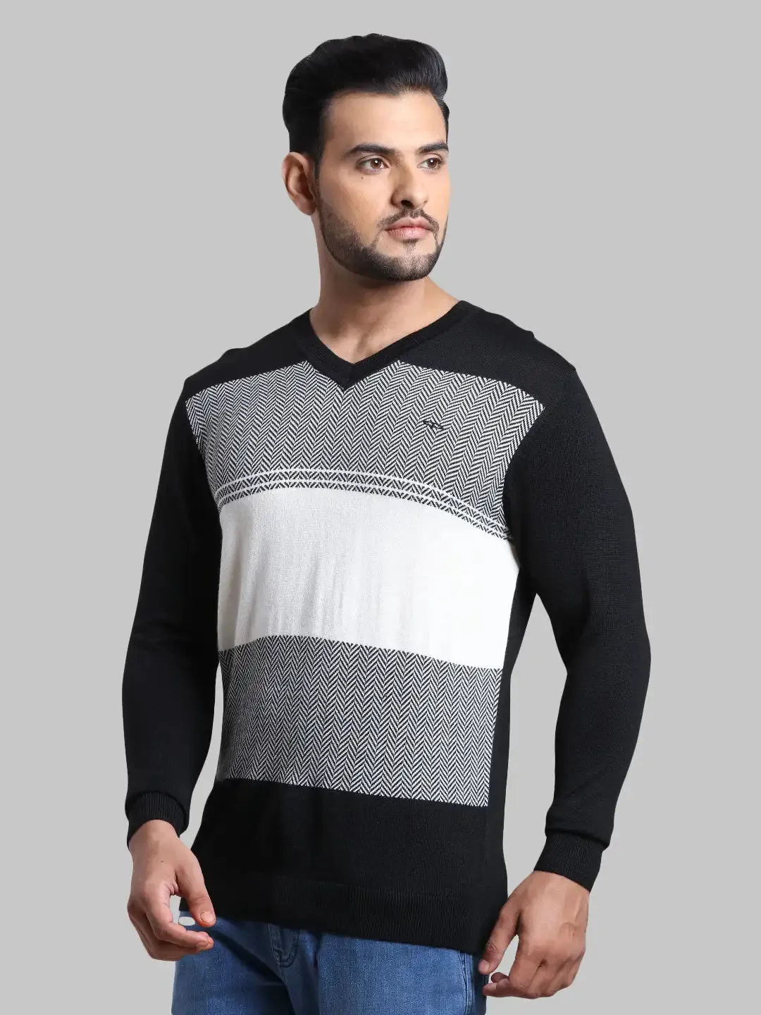 Men Black Tailored Fit Jacquard Acrylic Wool Blend Full Sleeve V Neck Collar Sweaters