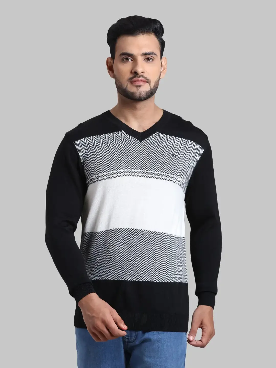Men Black Tailored Fit Jacquard Acrylic Wool Blend Full Sleeve V Neck Collar Sweaters