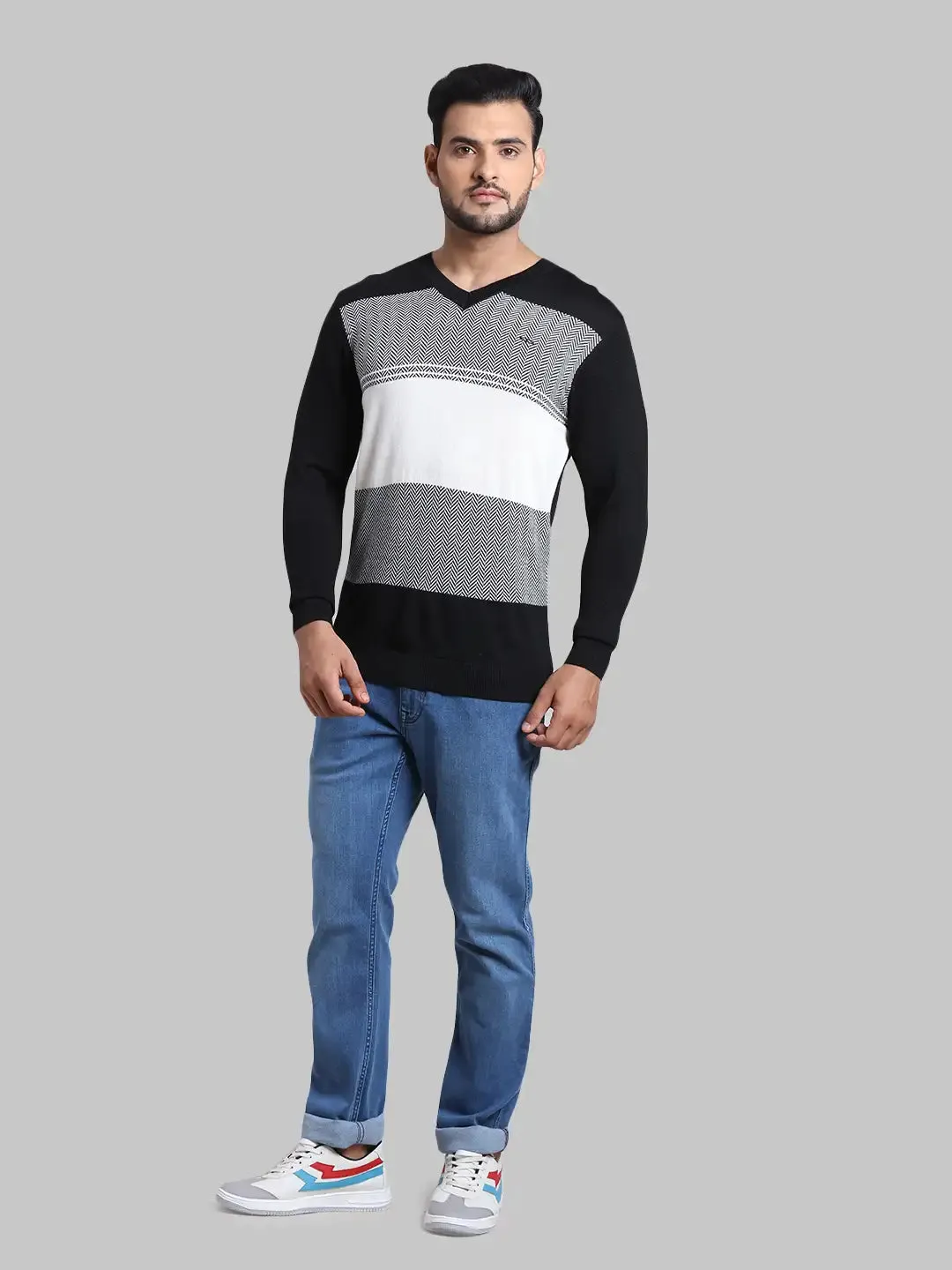 Men Black Tailored Fit Jacquard Acrylic Wool Blend Full Sleeve V Neck Collar Sweaters