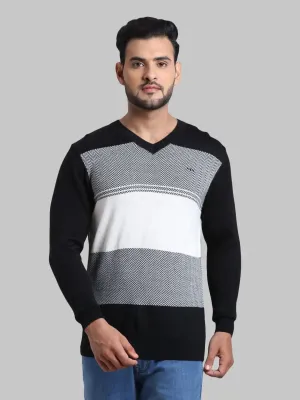 Men Black Tailored Fit Jacquard Acrylic Wool Blend Full Sleeve V Neck Collar Sweaters