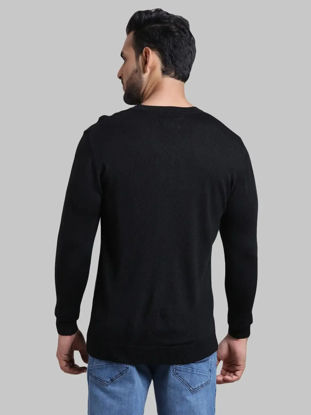 Men Black Tailored Fit Jacquard Acrylic Wool Blend Full Sleeve V Neck Collar Sweaters