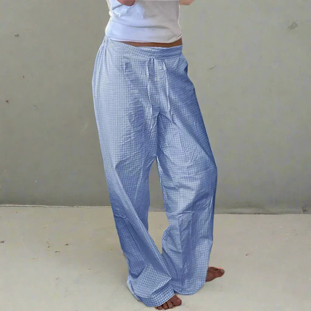 Metaversmall Casual Blue Plaid Pants Women Homewear Korean Fashion Basic Buttons Lace-Up Full Length Trousers Bottoms Straight