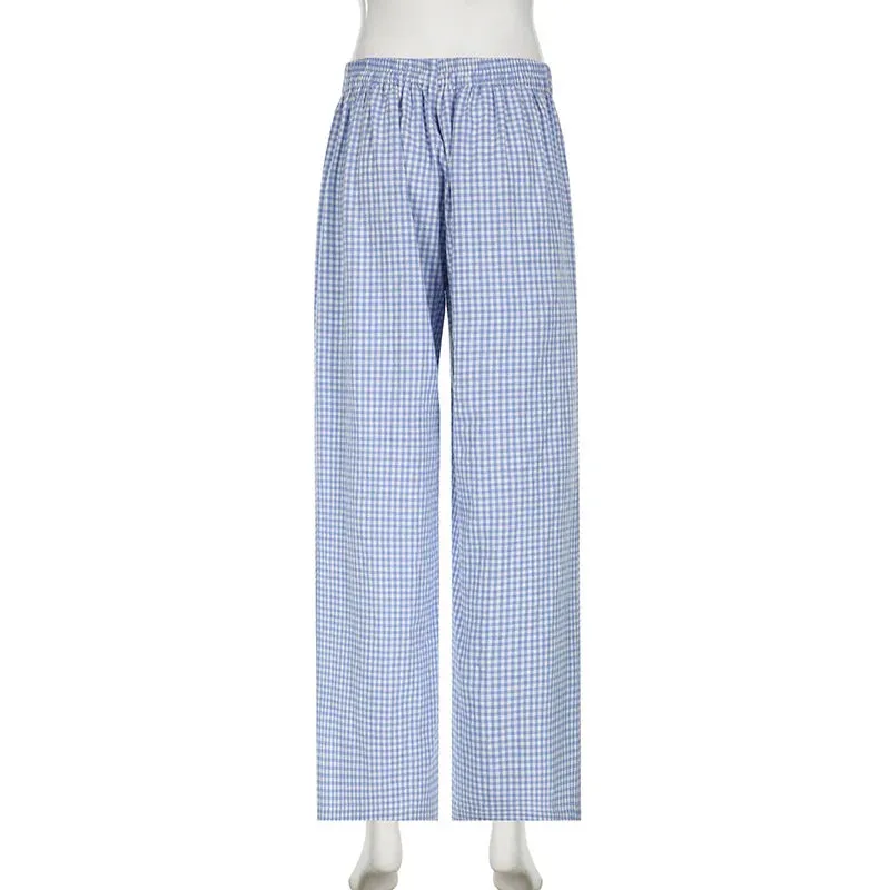 Metaversmall Casual Blue Plaid Pants Women Homewear Korean Fashion Basic Buttons Lace-Up Full Length Trousers Bottoms Straight