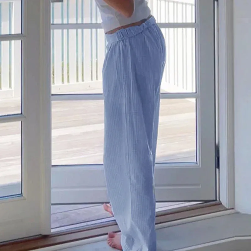 Metaversmall Casual Blue Plaid Pants Women Homewear Korean Fashion Basic Buttons Lace-Up Full Length Trousers Bottoms Straight