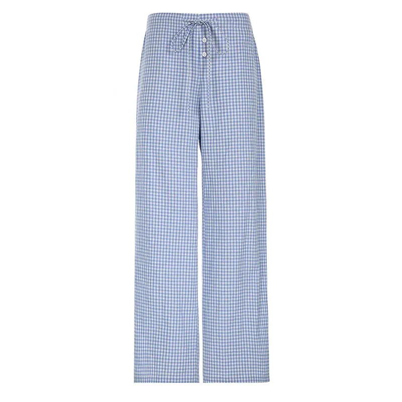 Metaversmall Casual Blue Plaid Pants Women Homewear Korean Fashion Basic Buttons Lace-Up Full Length Trousers Bottoms Straight
