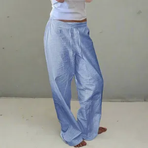 Metaversmall Casual Blue Plaid Pants Women Homewear Korean Fashion Basic Buttons Lace-Up Full Length Trousers Bottoms Straight