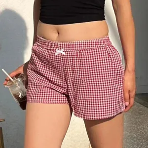 Metaversmall Casual Cotton Red Plaid Shorts Women Bow Korean Fashion Y2K Short Pants Cutecore Homewear Bottoms Checkered Clothing