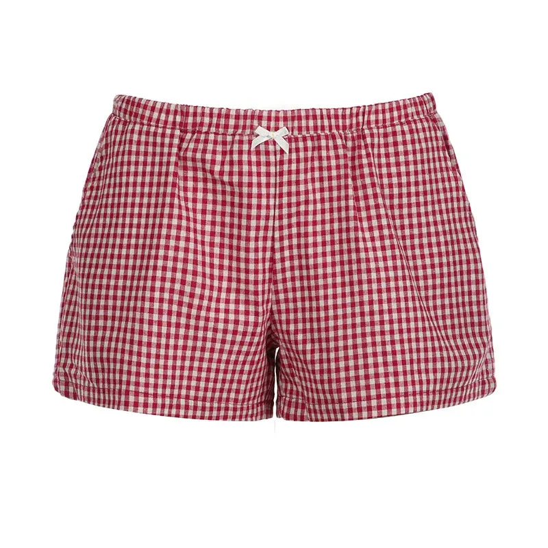Metaversmall Casual Cotton Red Plaid Shorts Women Bow Korean Fashion Y2K Short Pants Cutecore Homewear Bottoms Checkered Clothing