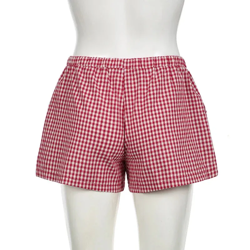 Metaversmall Casual Cotton Red Plaid Shorts Women Bow Korean Fashion Y2K Short Pants Cutecore Homewear Bottoms Checkered Clothing