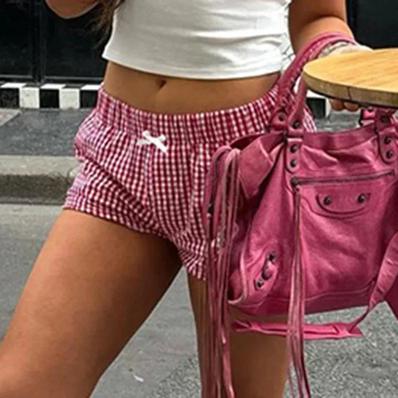 Metaversmall Casual Cotton Red Plaid Shorts Women Bow Korean Fashion Y2K Short Pants Cutecore Homewear Bottoms Checkered Clothing