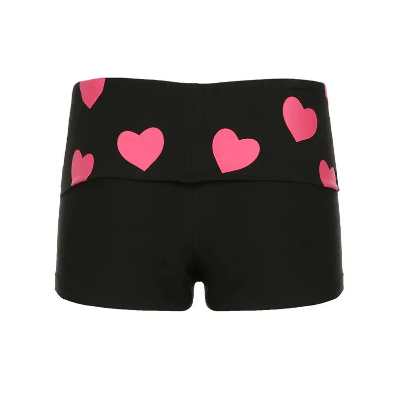 Metaversmall Casual Heart Printed Skinny Summer Shorts Women Kawaii Korean Style Foldover Waist Hottie Y2K Hotpants Homewear Girls
