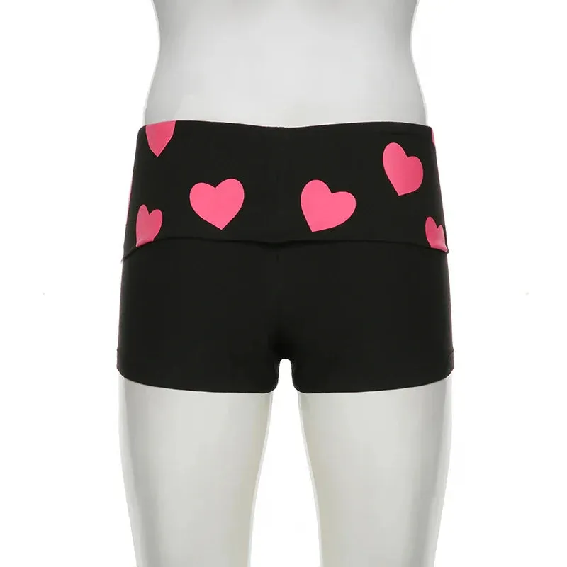 Metaversmall Casual Heart Printed Skinny Summer Shorts Women Kawaii Korean Style Foldover Waist Hottie Y2K Hotpants Homewear Girls