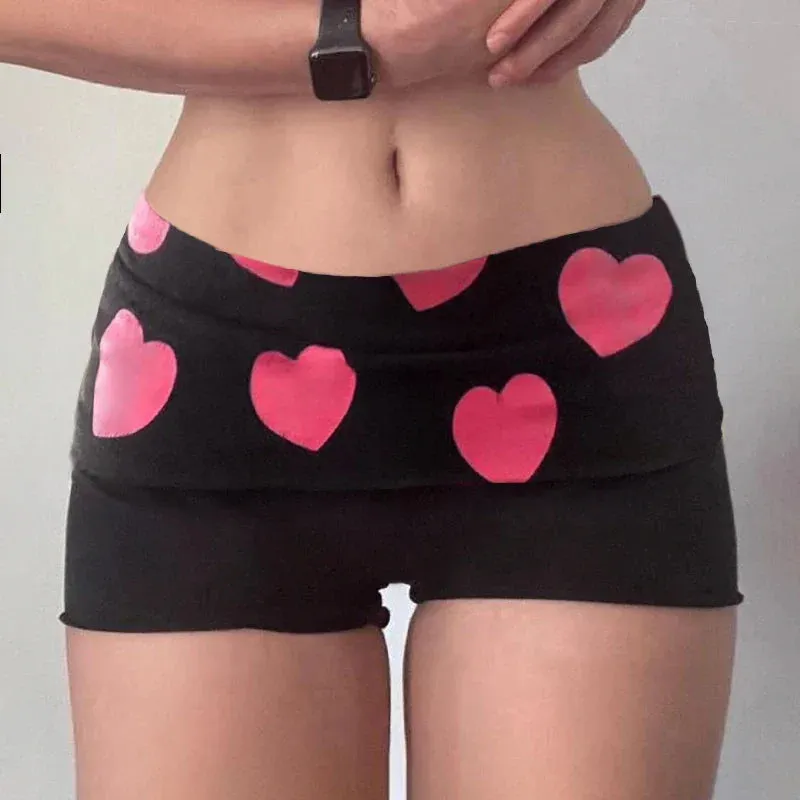 Metaversmall Casual Heart Printed Skinny Summer Shorts Women Kawaii Korean Style Foldover Waist Hottie Y2K Hotpants Homewear Girls