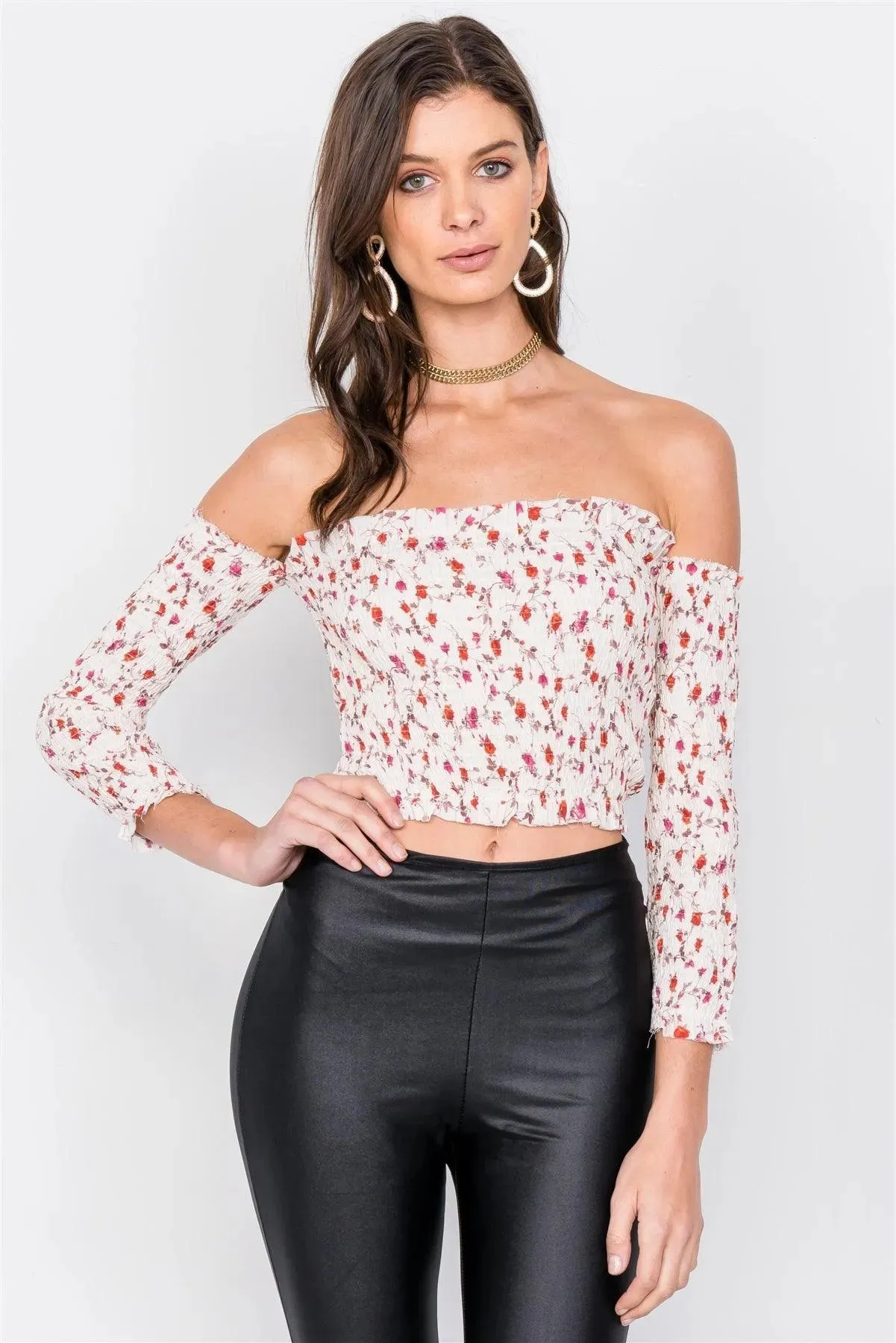 Minimalist Floral Print Ruched Off-The-Shoulder Boho Crop Top  /2-1-1