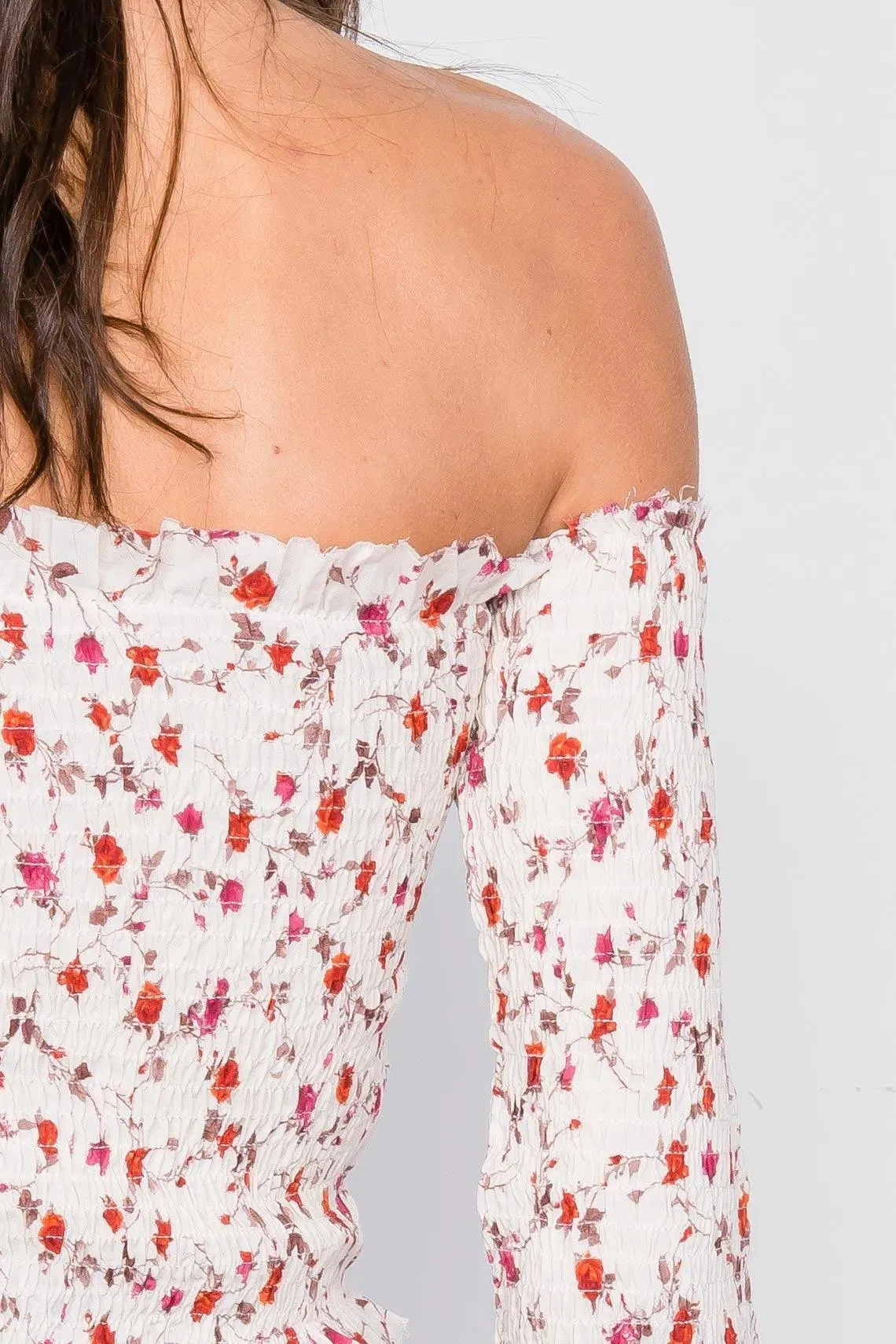 Minimalist Floral Print Ruched Off-The-Shoulder Boho Crop Top  /2-1-1