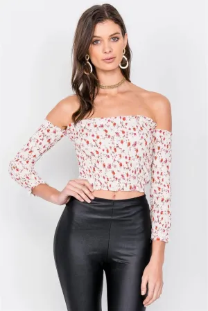 Minimalist Floral Print Ruched Off-The-Shoulder Boho Crop Top  /2-1-1