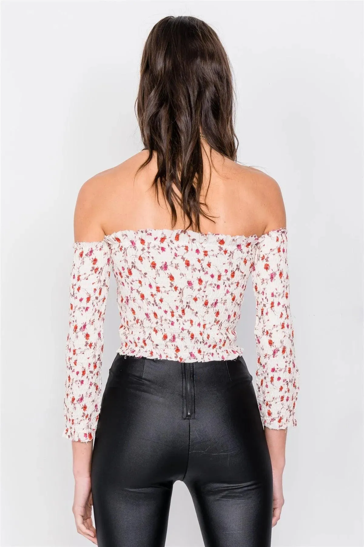 Minimalist Floral Print Ruched Off-The-Shoulder Boho Crop Top  /2-1-1