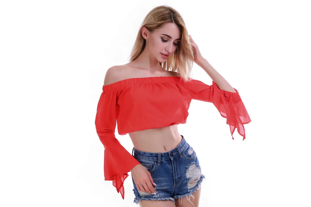 Off Shoulder Ruffled Chiffon Trumpet Sleeves