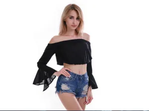 Off Shoulder Ruffled Chiffon Trumpet Sleeves