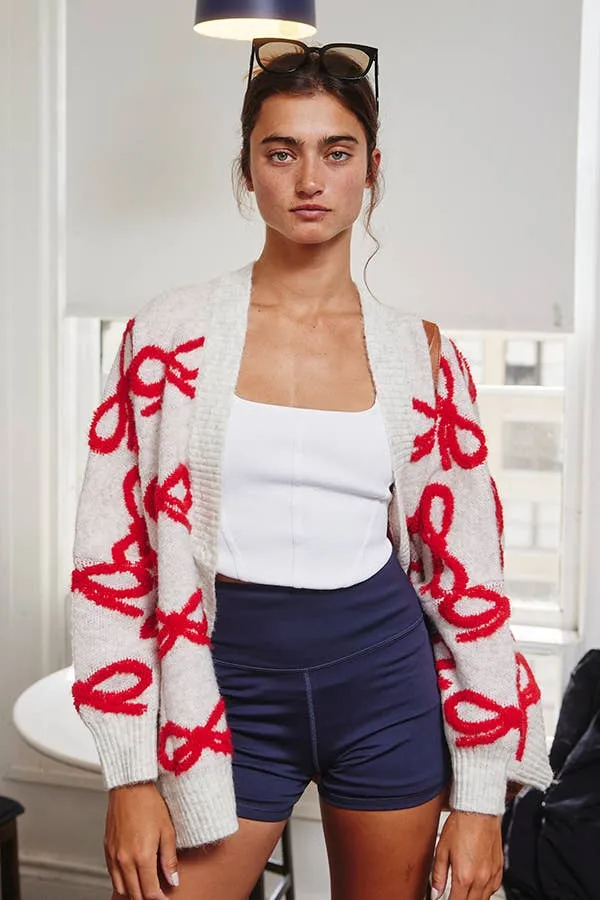 Oversized Ribbon Pullover Sweater Cardigan: CREAM/RED