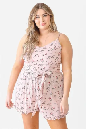 Plus Size Mauve Flower Button Belted Ruffle Romper