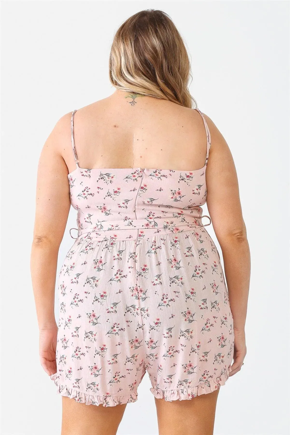 Plus Size Mauve Flower Button Belted Ruffle Romper