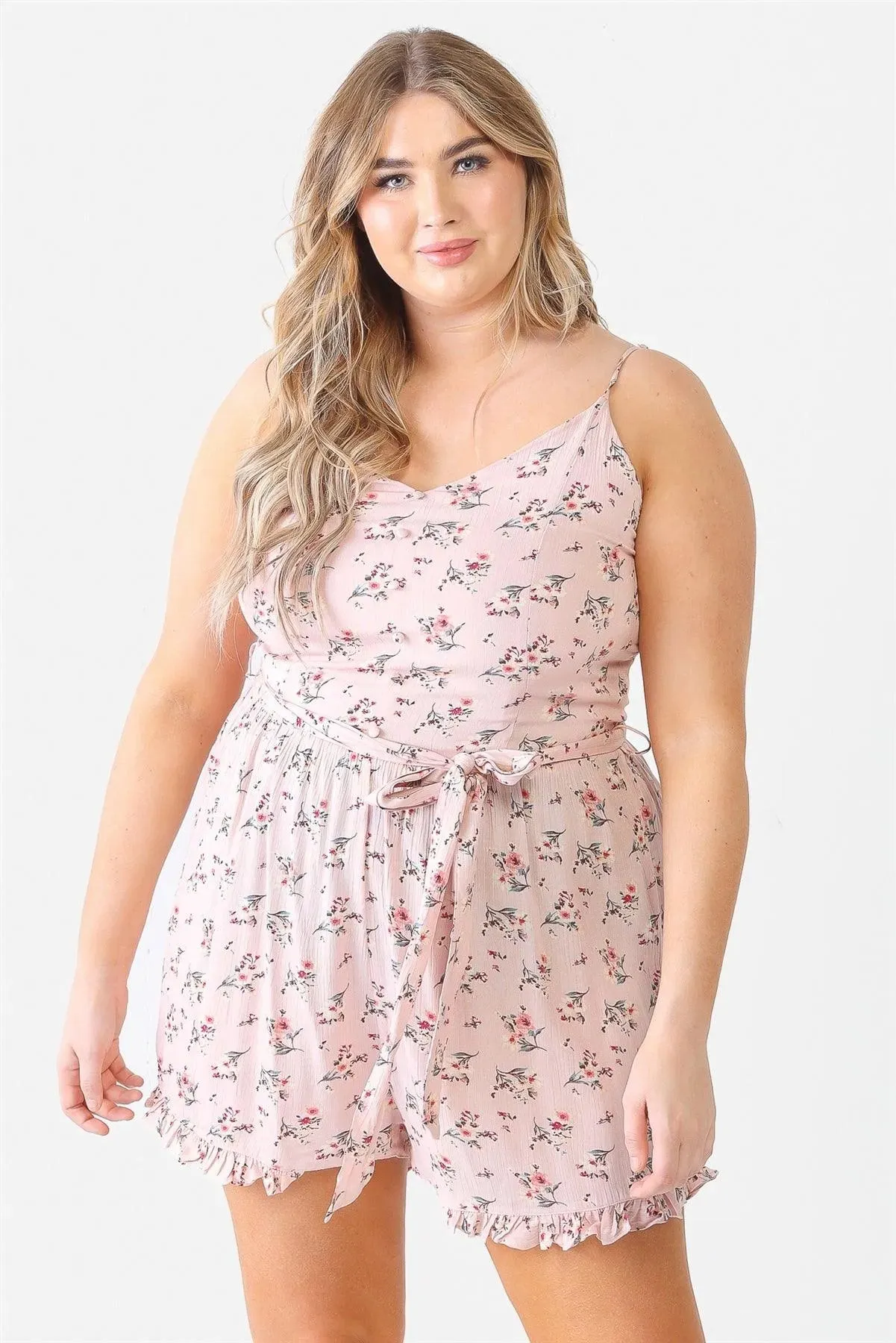 Plus Size Mauve Flower Button Belted Ruffle Romper