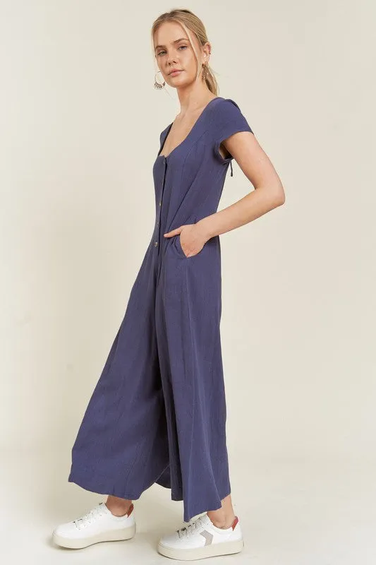 Plus Size Mustard Yellow Linen Button Down Wide Leg Jumpsuit