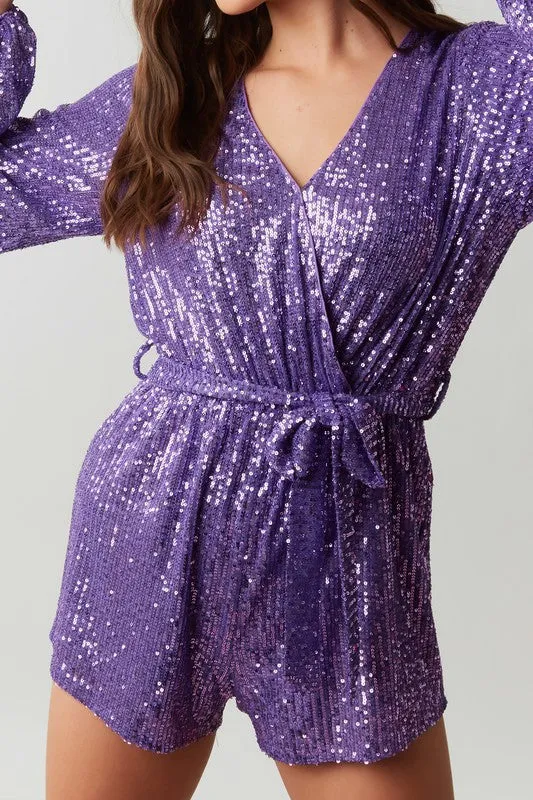 Purple Sequin Wrap Romper