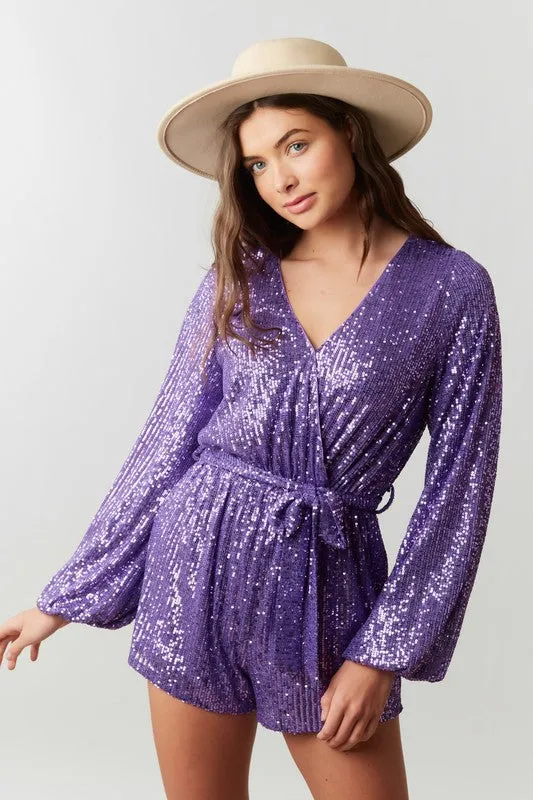 Purple Sequin Wrap Romper