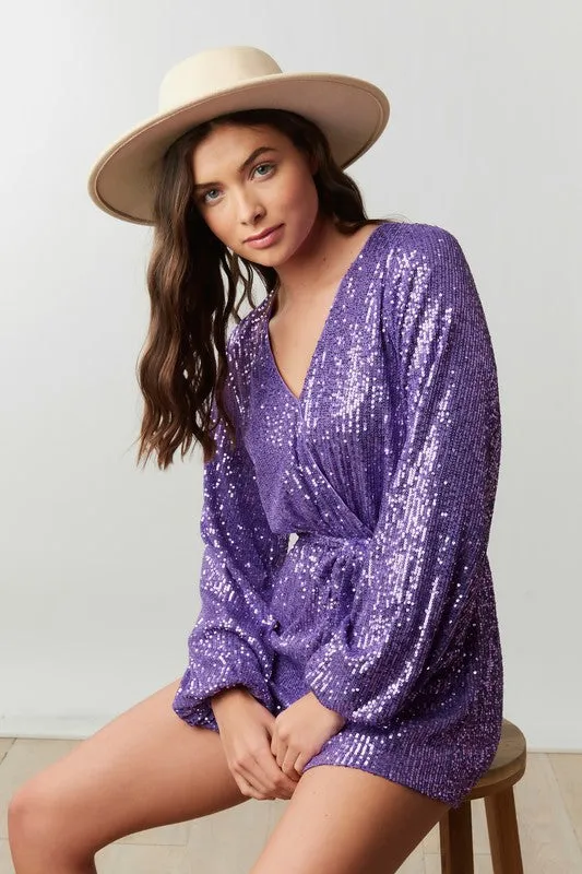 Purple Sequin Wrap Romper