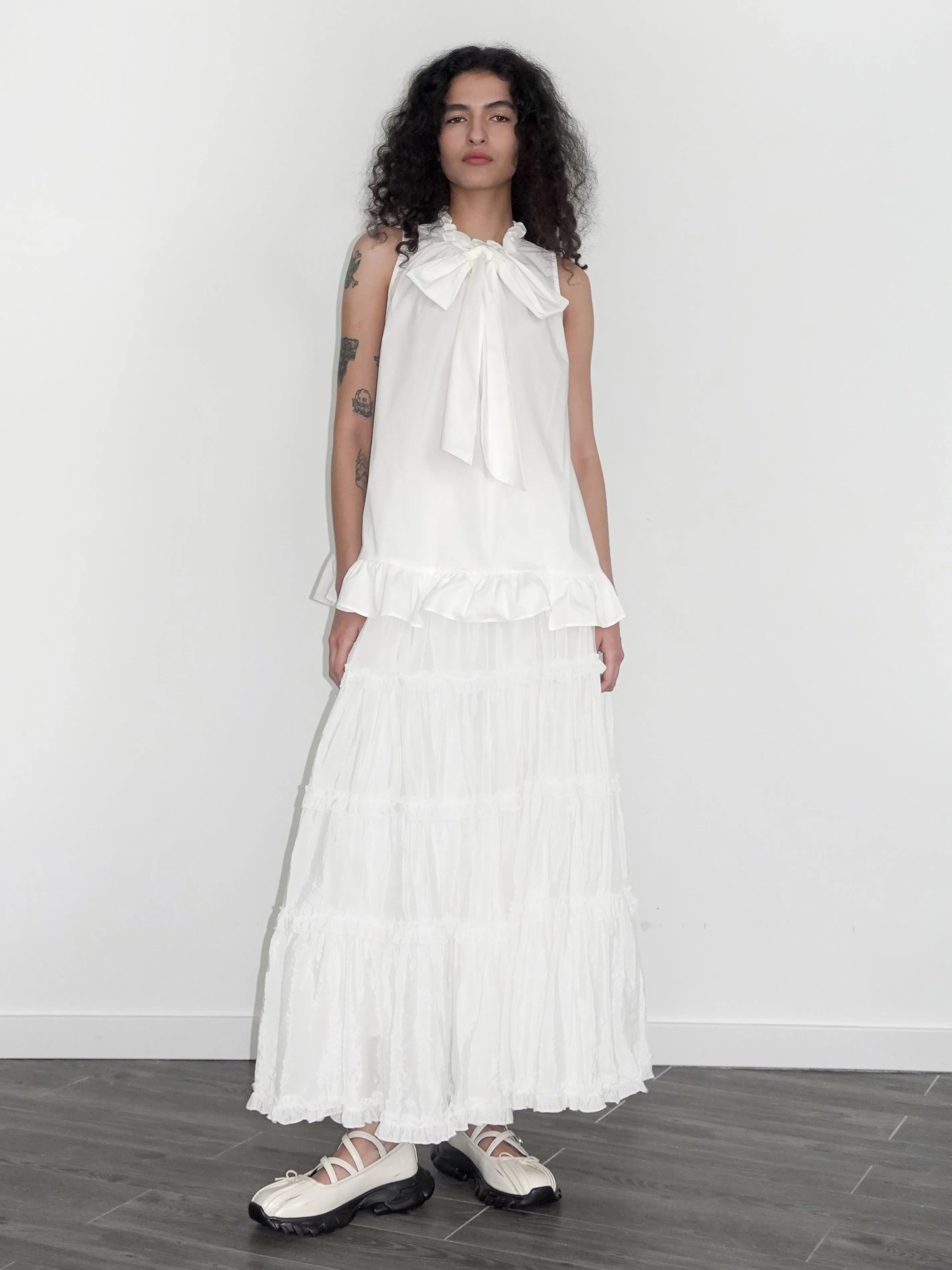 Ruffle Stand Collar Tie A-line Tank Top