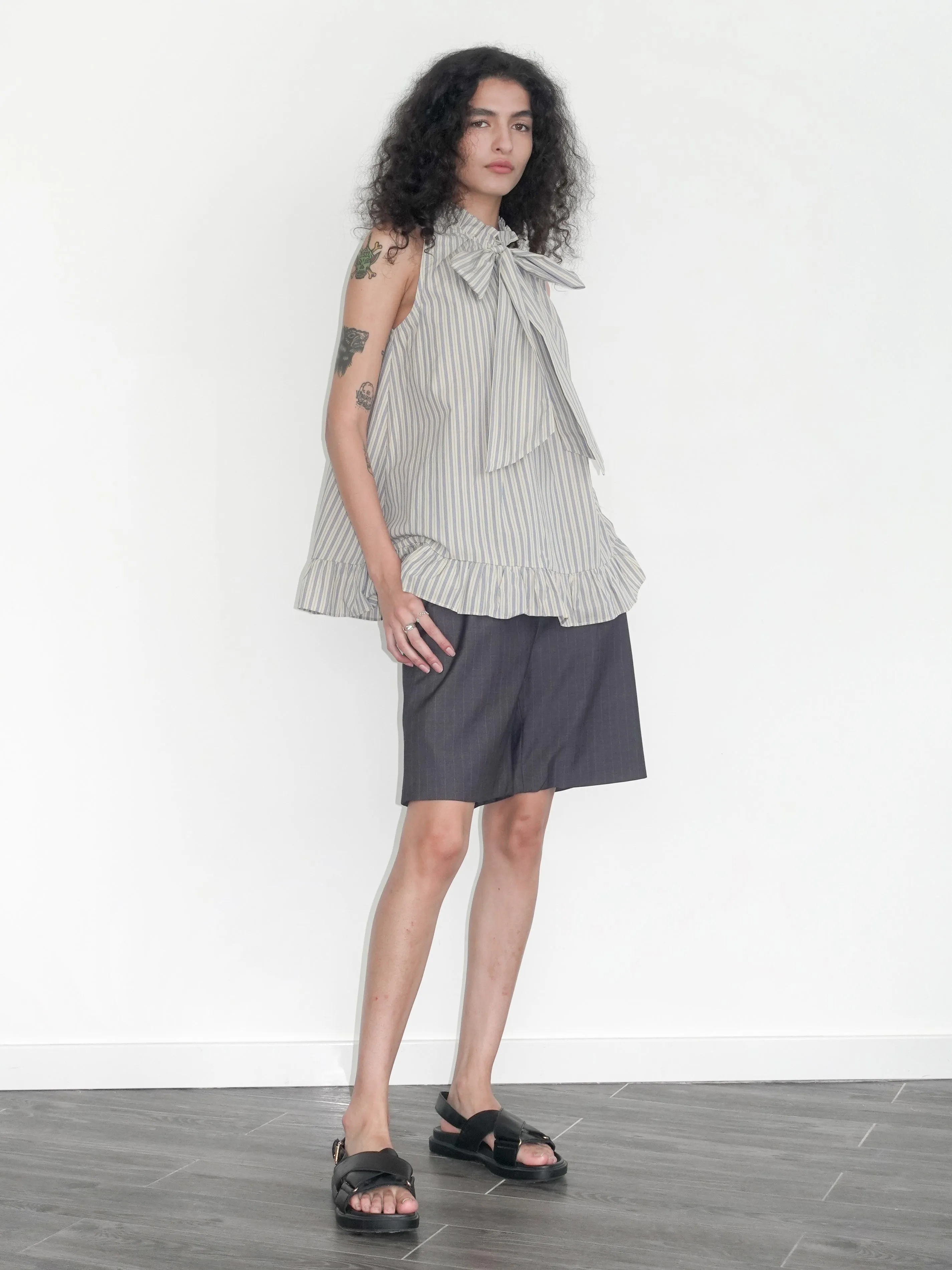 Ruffle Stand Collar Tie A-line Tank Top