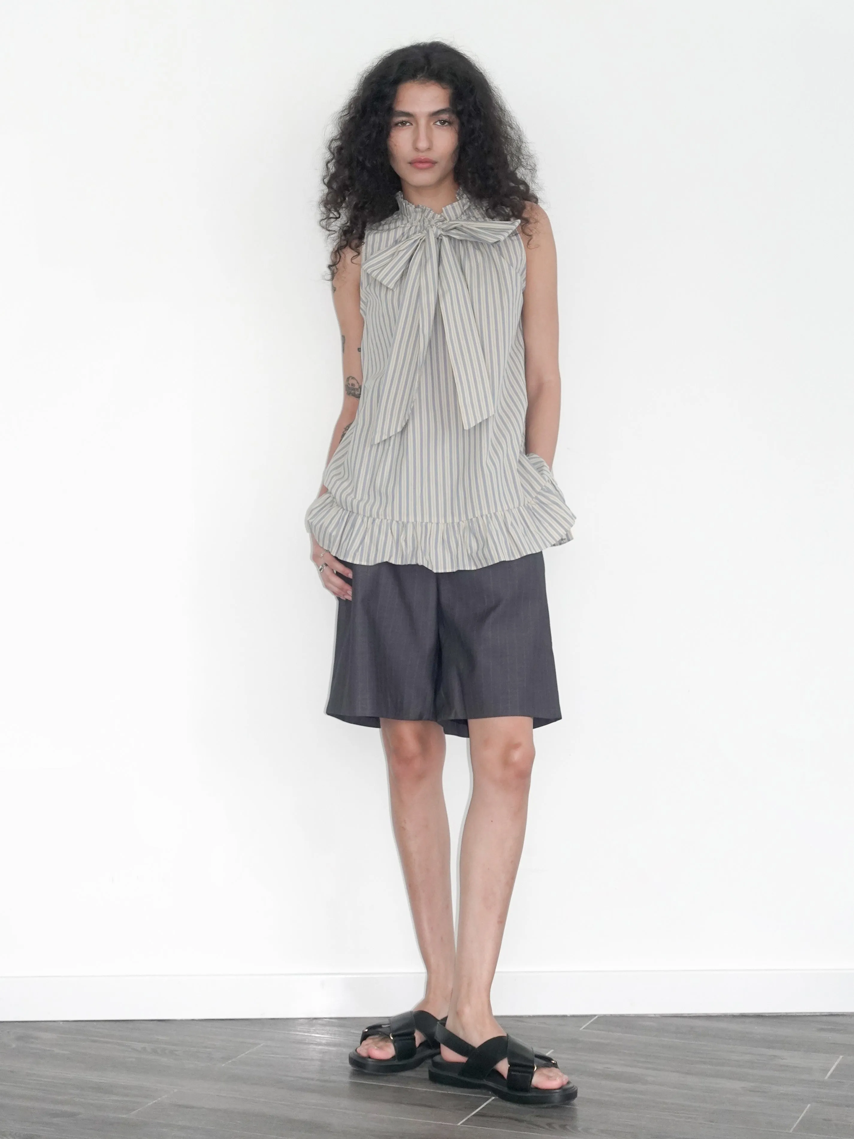 Ruffle Stand Collar Tie A-line Tank Top