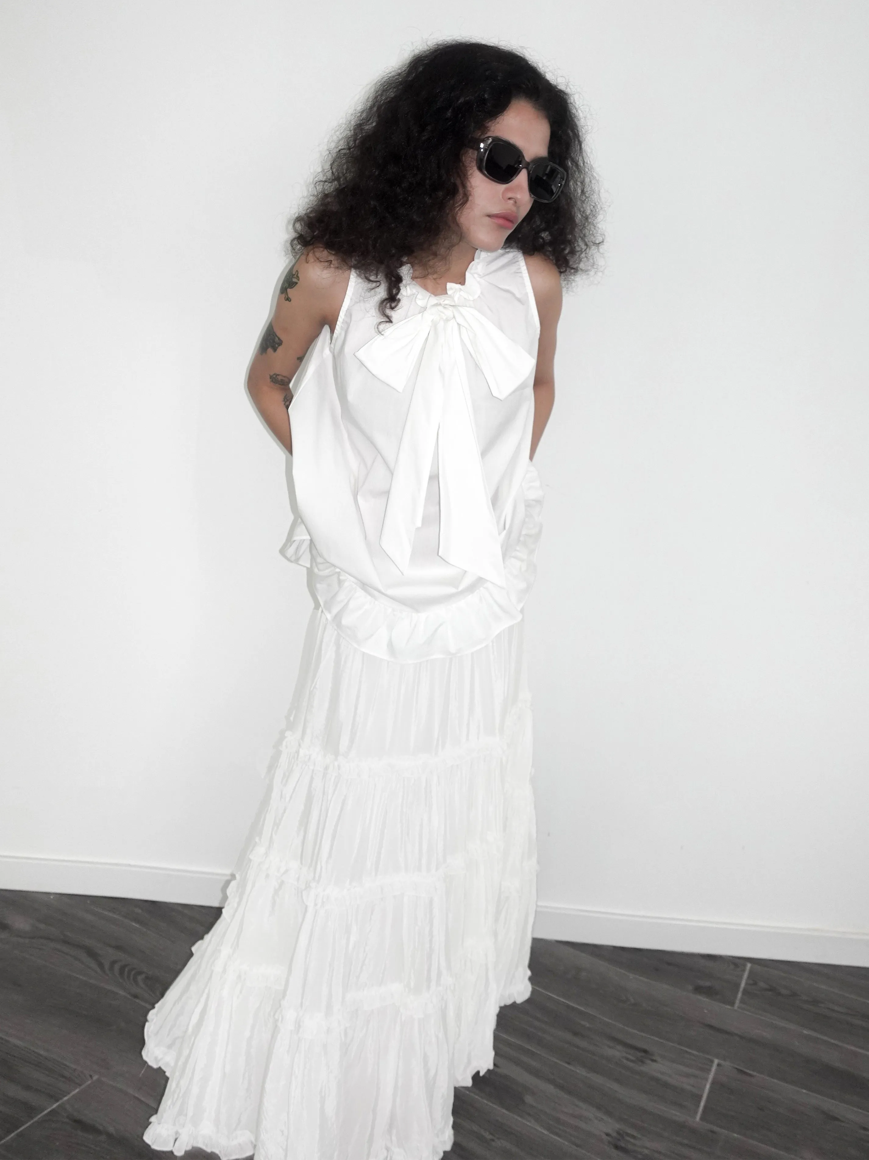 Ruffle Stand Collar Tie A-line Tank Top