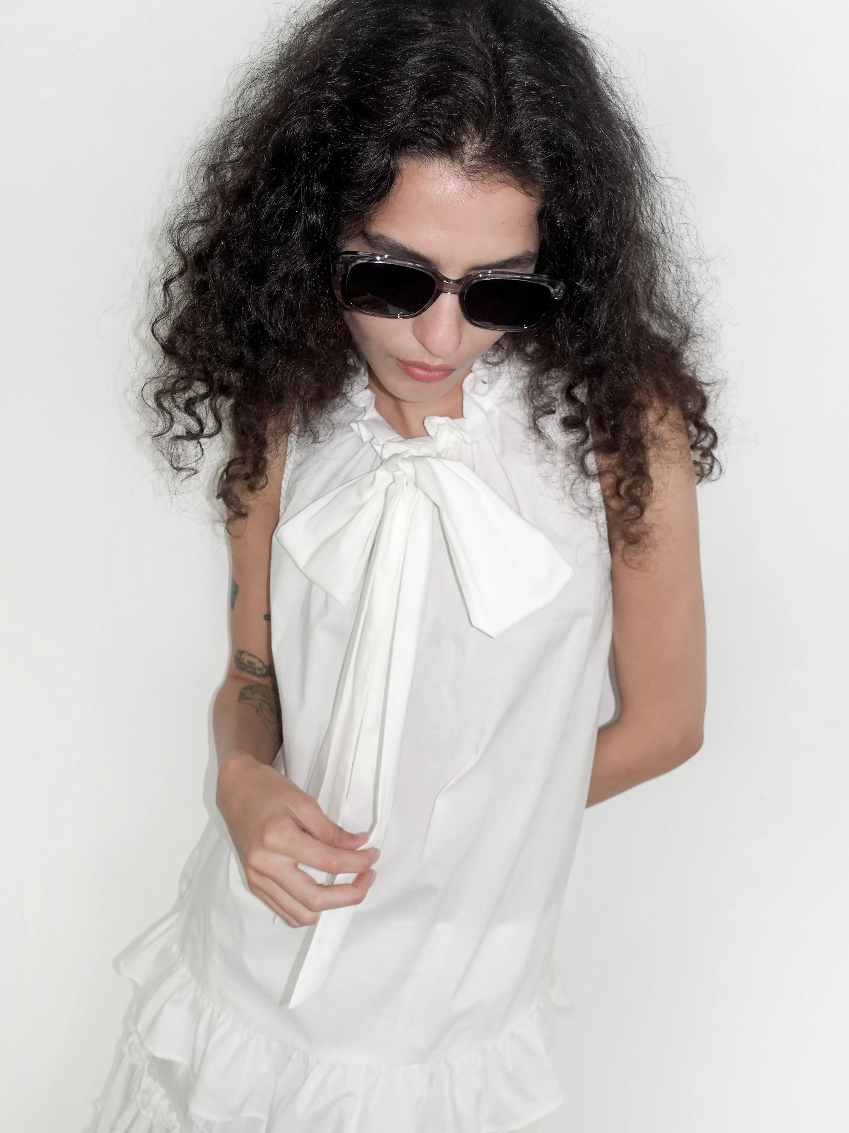 Ruffle Stand Collar Tie A-line Tank Top