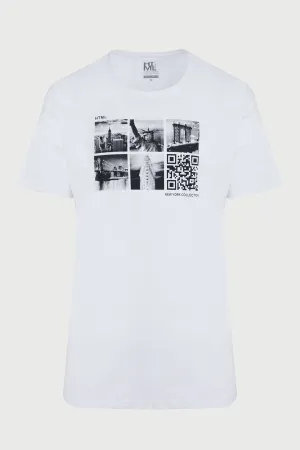 Slim Fit White New York Printed Cotton Crew Neck T-Shirt