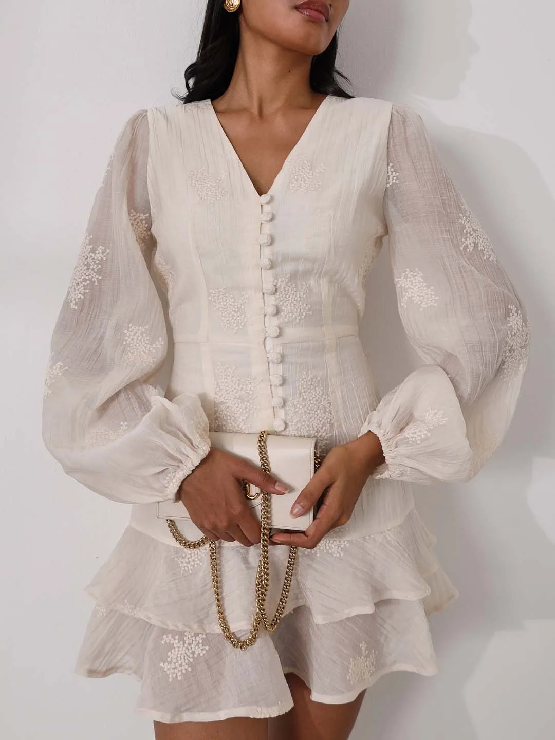Solene Embroidered Frill Dress | Cream