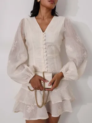 Solene Embroidered Frill Dress | Cream
